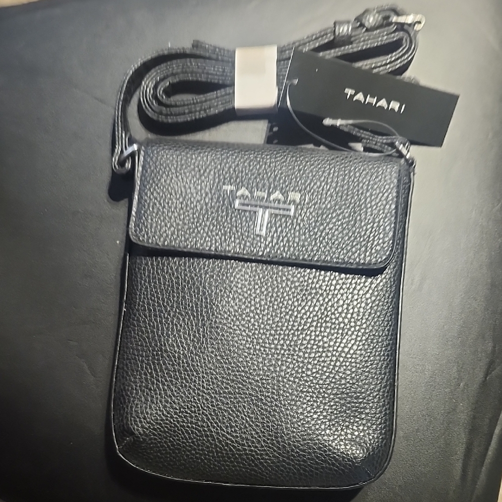 Tahari Black Crossbody Bag Sleek Pebbled Leather (Synthetic)